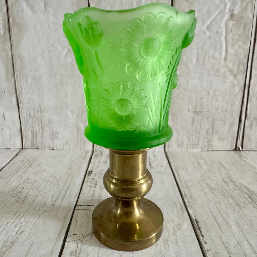 Vintage Green Uranium Glass Floral Satin Frosted Brass Candle Holder 5 1/2